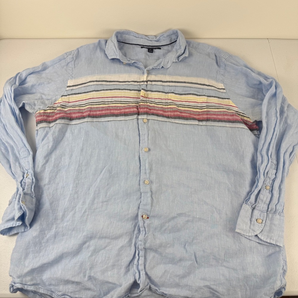 Cremieux Mens XL Light‎ Blue 100% Linen Striped Long Sleeve Button Down Shirt